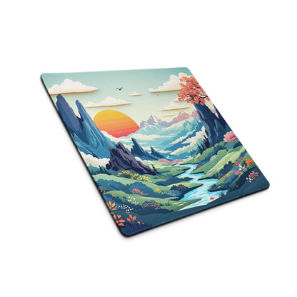Vibrant mountain valley sunset mouse pad with orange sun, river, flowers