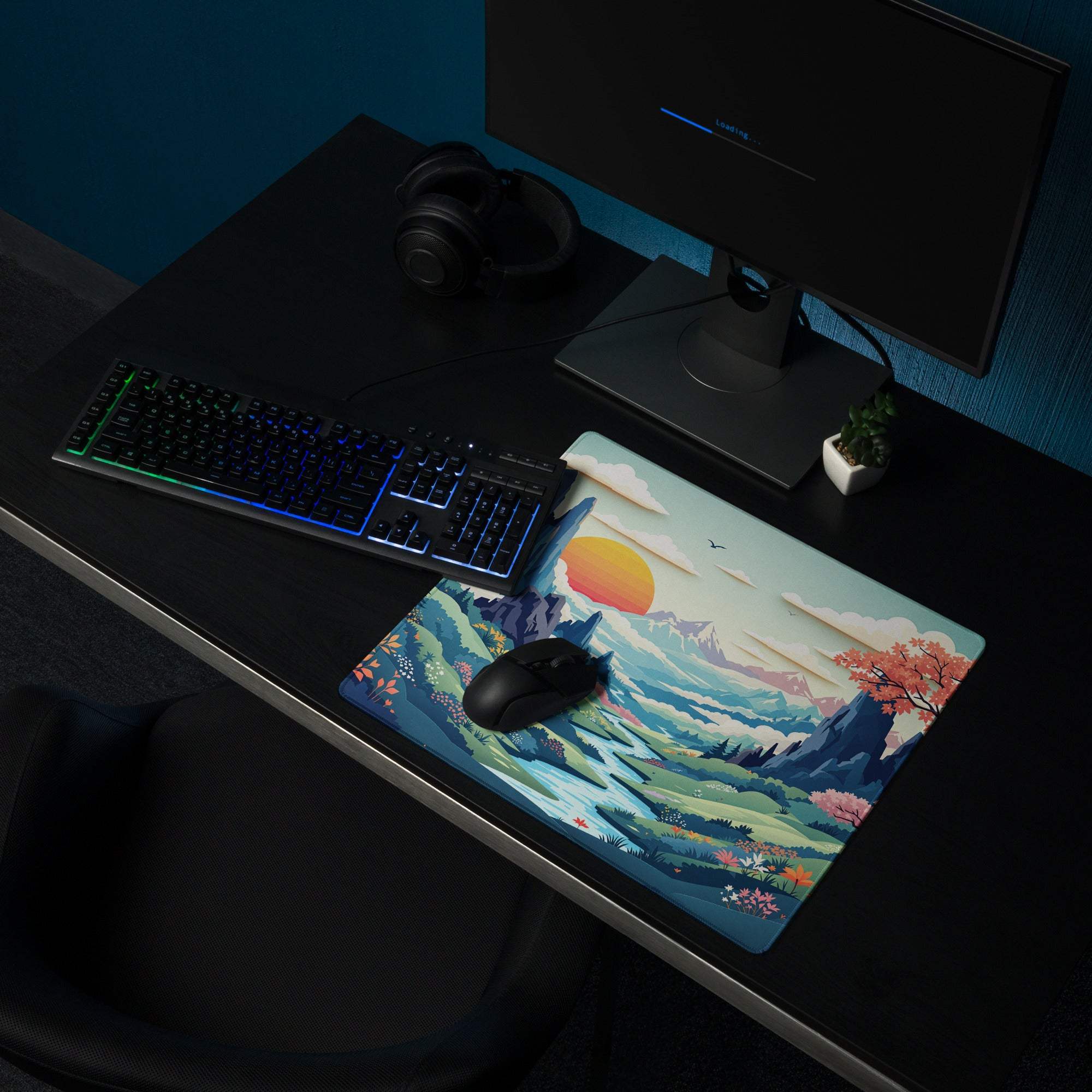 Artistic mountain valley gaming mouse pad with cherry blossoms sunset