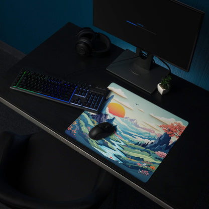 Artistic mountain valley gaming mouse pad with cherry blossoms sunset