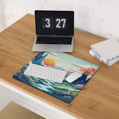Artistic landscape gaming mousepad with mountains, river, cherry blossoms, sunset