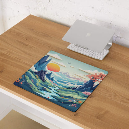 Artistic landscape gaming mouse pad with mountains, river, cherry blossoms, sunset