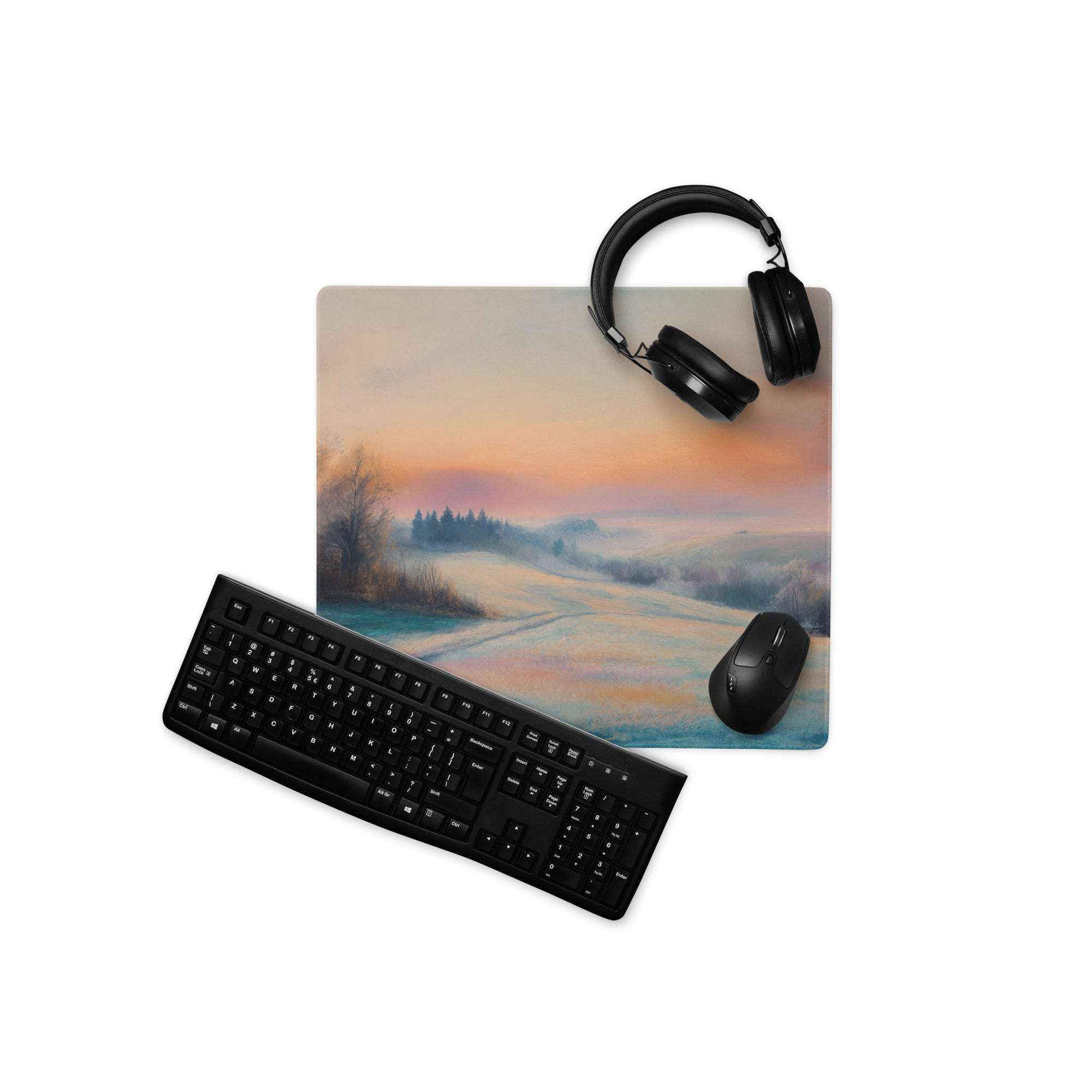 Large pastel sunset snowy path mouse pad with headphones, non-slip backing