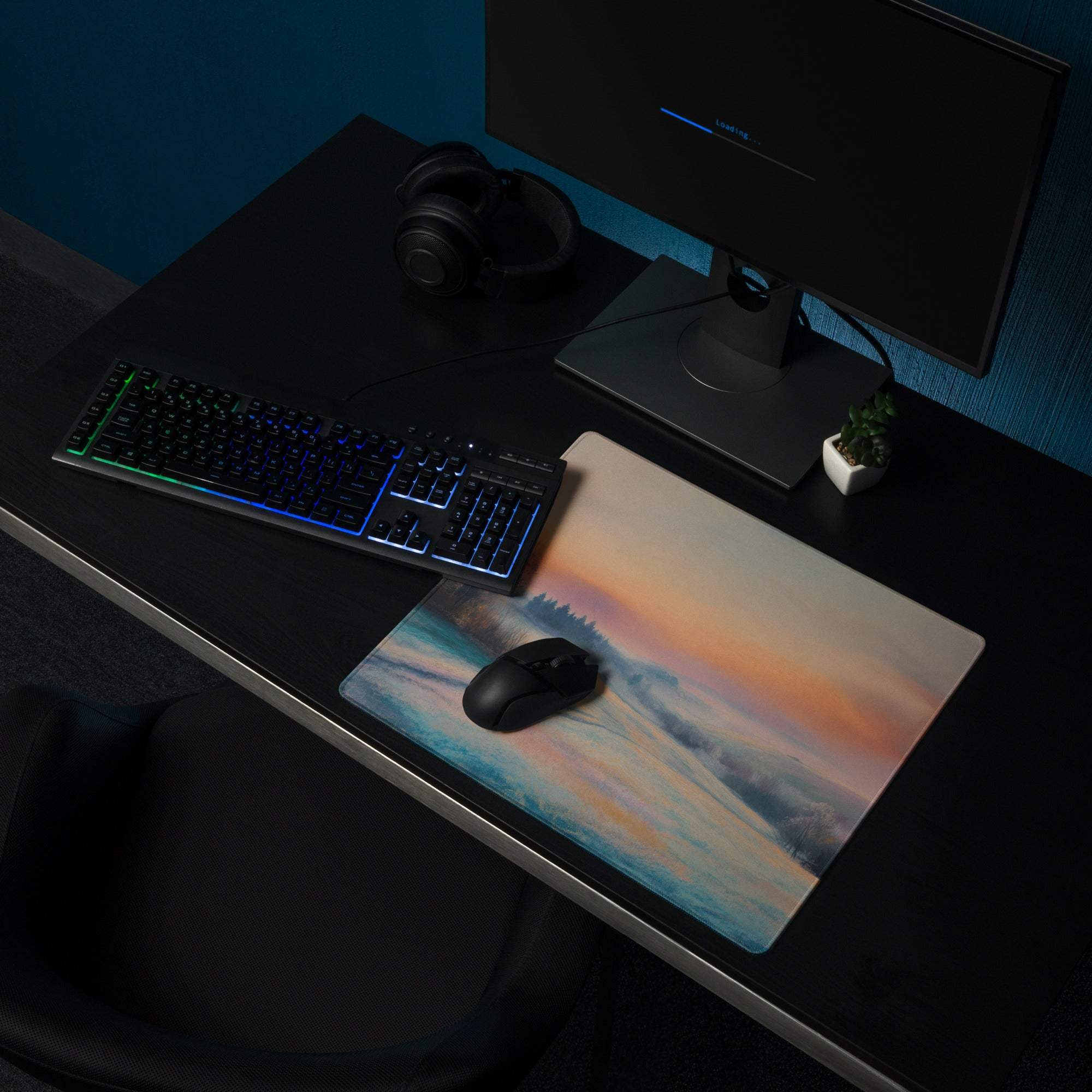 Large pastel sunset landscape gaming mouse pad with non-slip backing