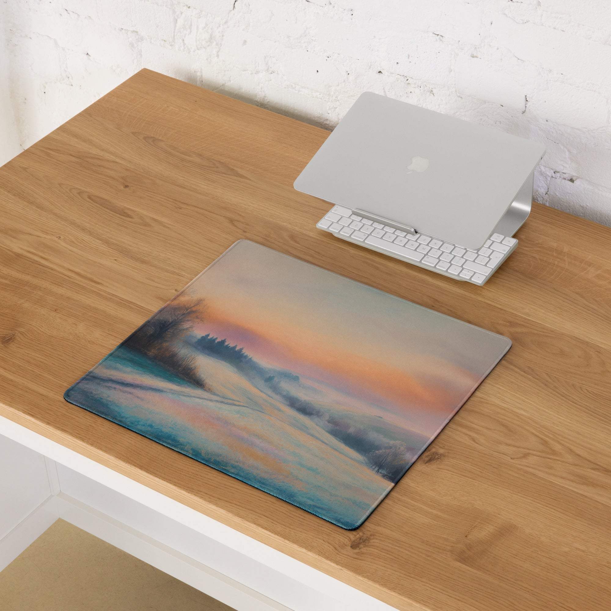 Large pastel sunset snowy mountains gaming mouse pad with non-slip backing