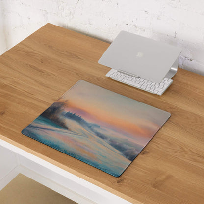 Large pastel sunset snowy mountains gaming mouse pad with non-slip backing