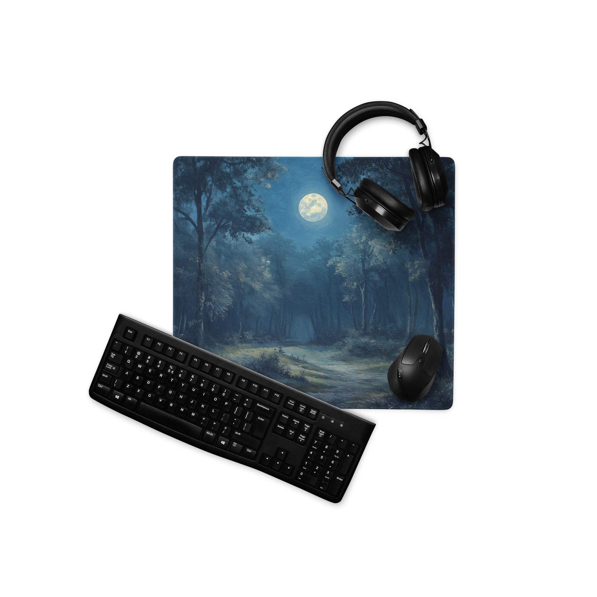 Dreamy moonlit forest gaming mouse pad with large size, stitched edges, non-slip base