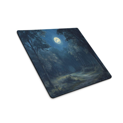 Moonlit mist shrouded forest gaming mouse pad with deep blue serenity