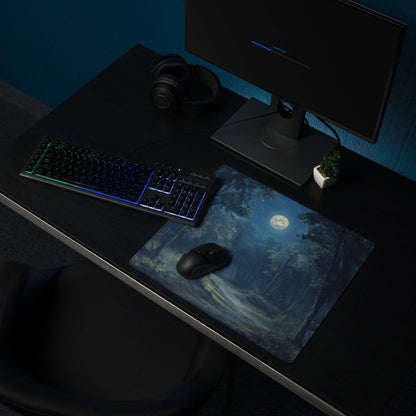 Blue moonlit forest gaming mouse pad with stitched edges and non-slip base
