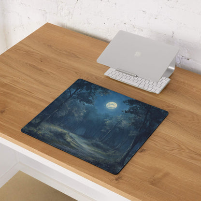 Dark blue Moonlit Mist gaming mousepad with moonlit forest scene