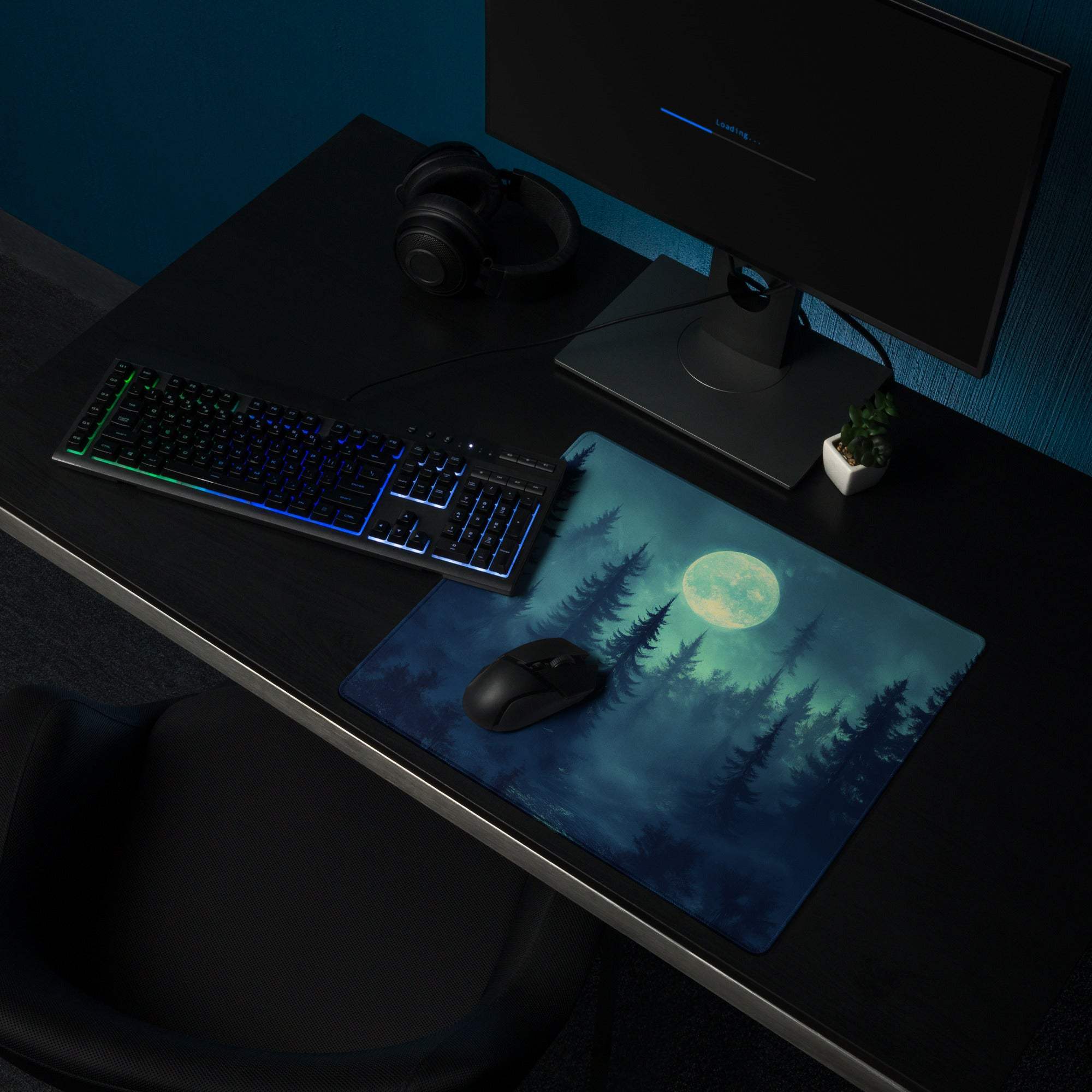 Moonlit mist shrouded forest gaming mouse pad with serene night scene