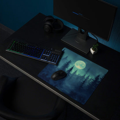 Moonlit mist shrouded forest gaming mouse pad with serene night scene