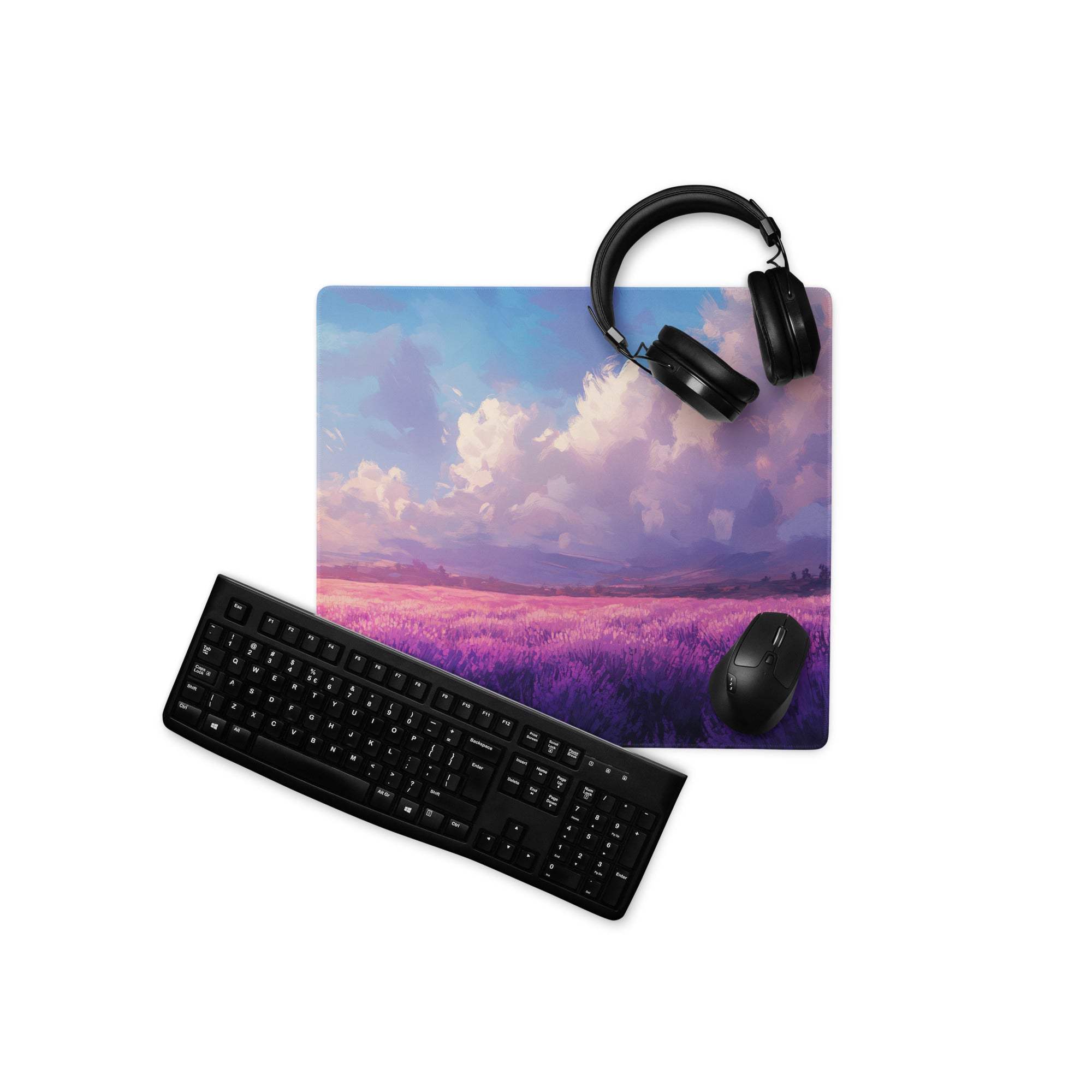 Pastel lavender fields sunset gaming mouse pad with purple field under pink blue sky