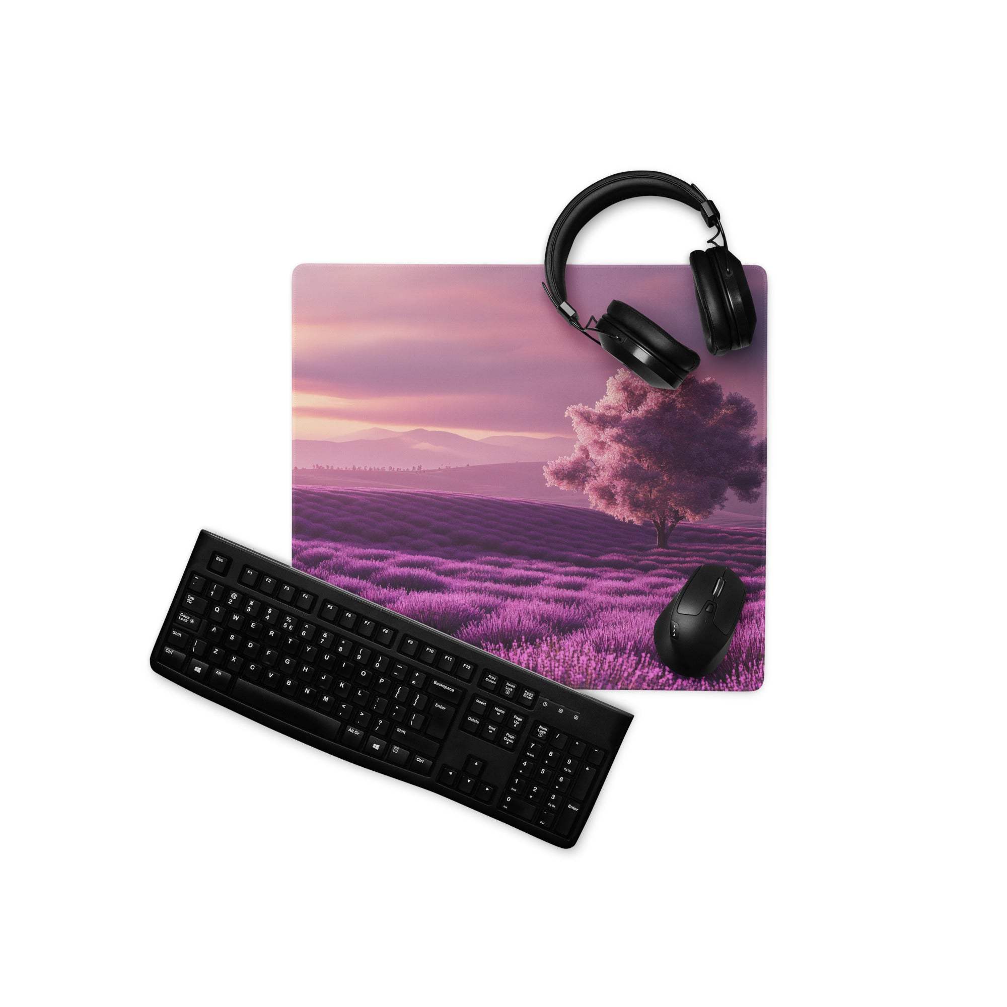 Purple lavender field large gaming mouse pad with tree under pink purple sky