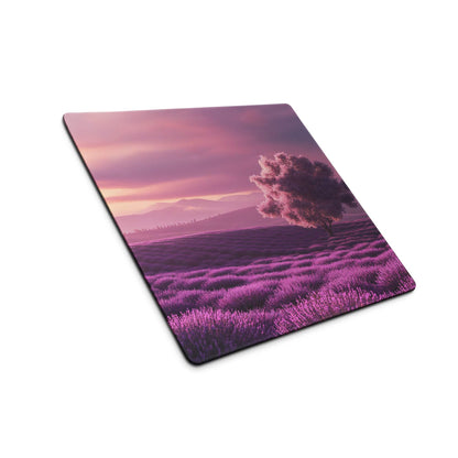 Purple lavender field gaming mouse pad with tree and pink purple sunset