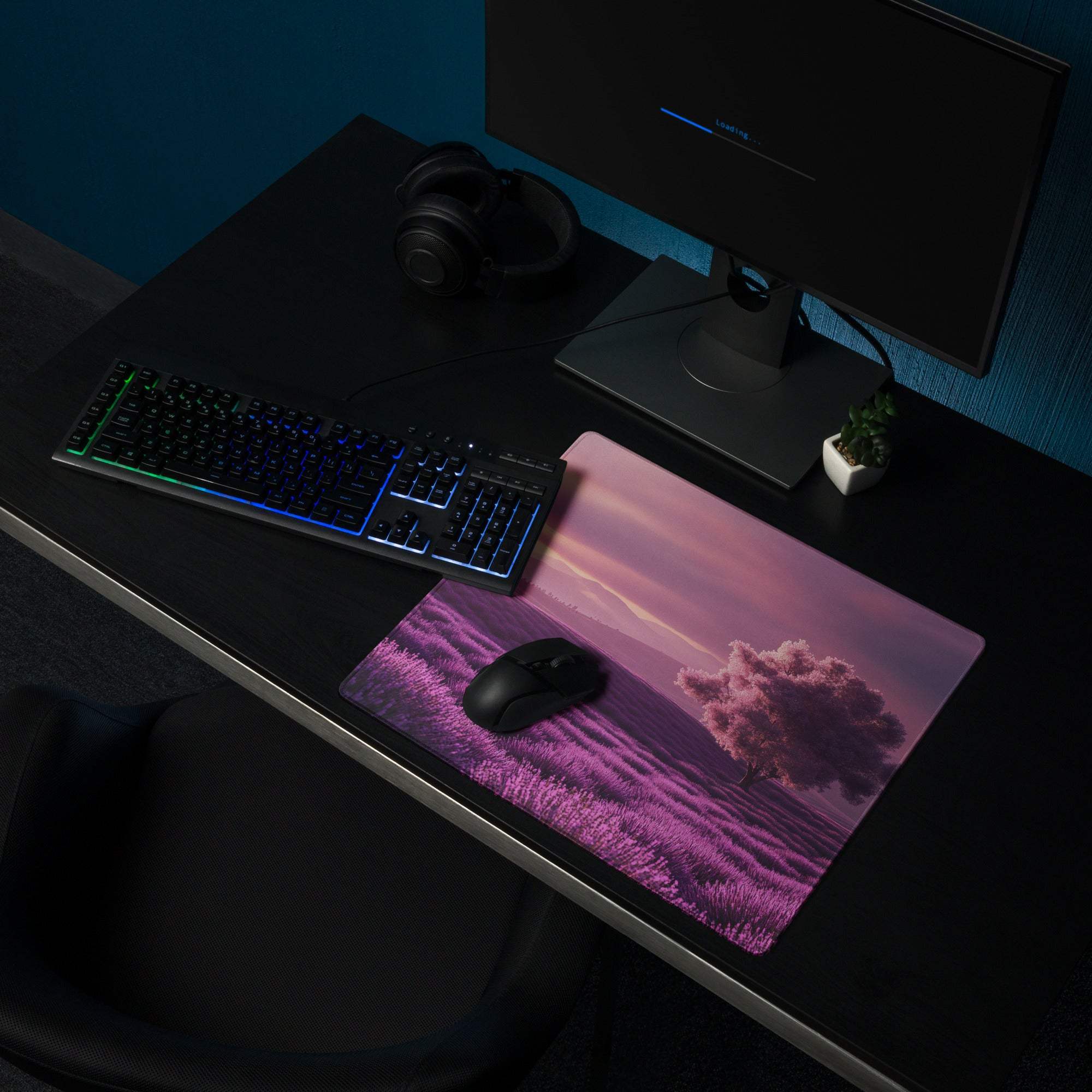 Purple lavender field gaming mouse pad with tree under pink purple sky