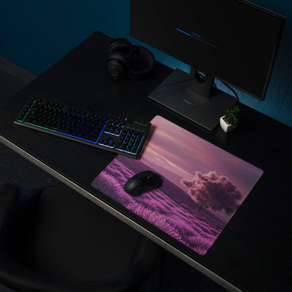 Purple lavender field gaming mouse pad with tree under pink purple sky