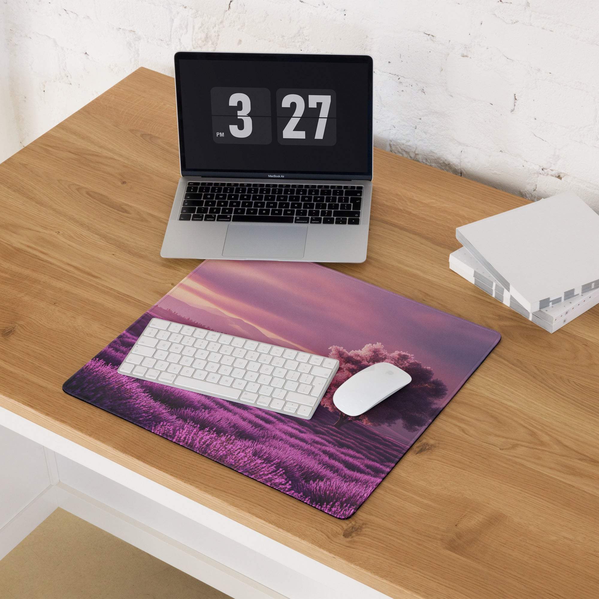 Purple lavender field gaming mouse pad with tree silhouette and gradient sky