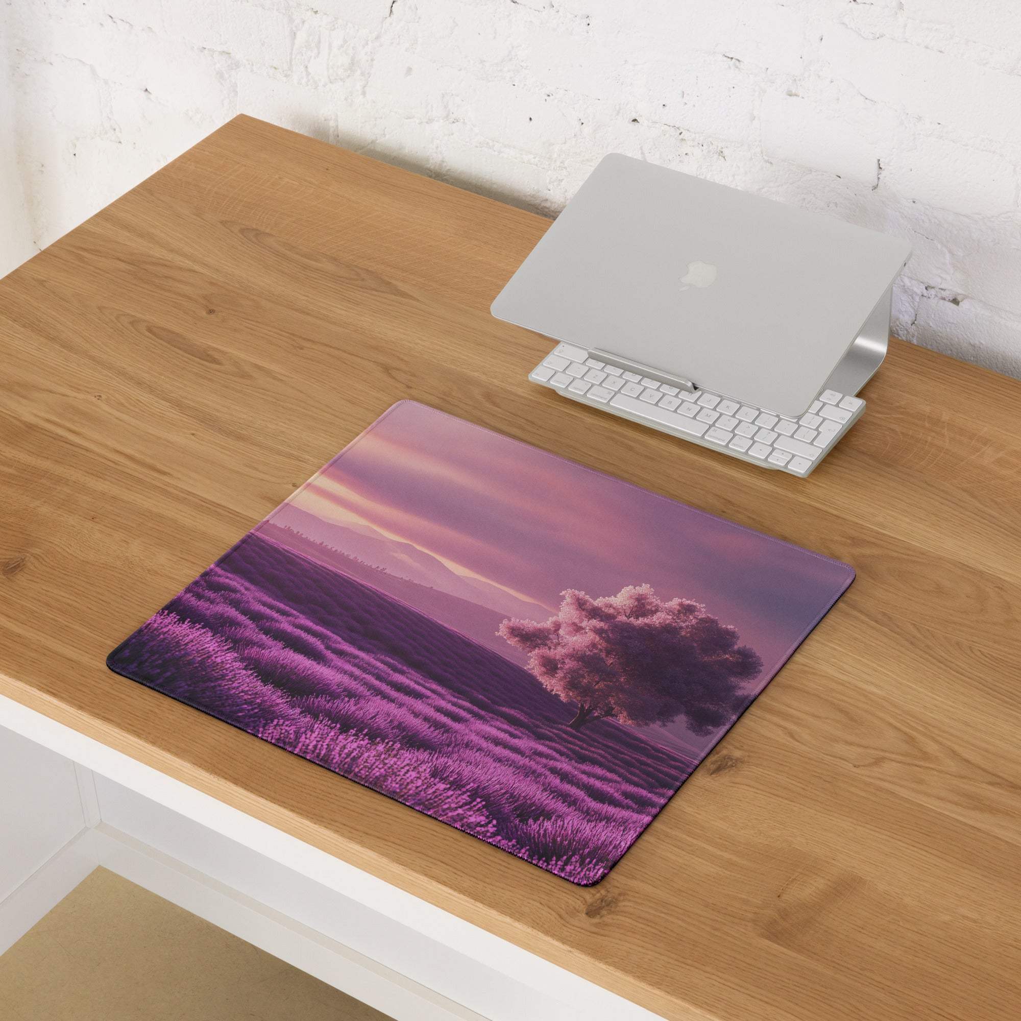 Purple lavender field gaming mousepad with tree under twilight sky