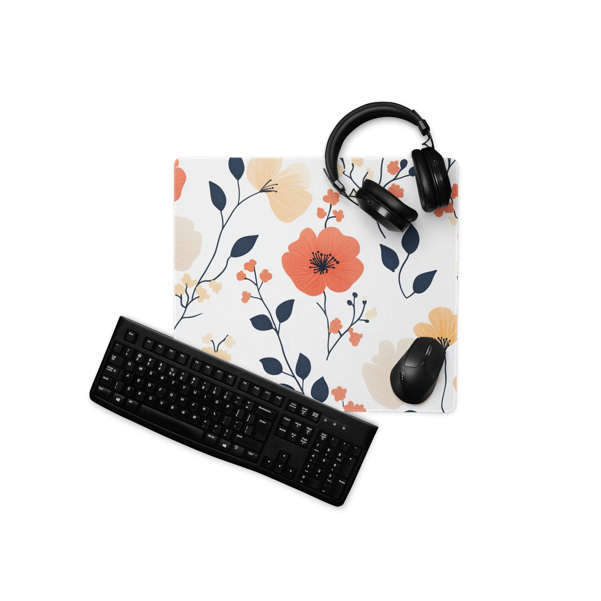 Floral large gaming mouse pad with orange peach blossoms, navy leaves, non-slip base