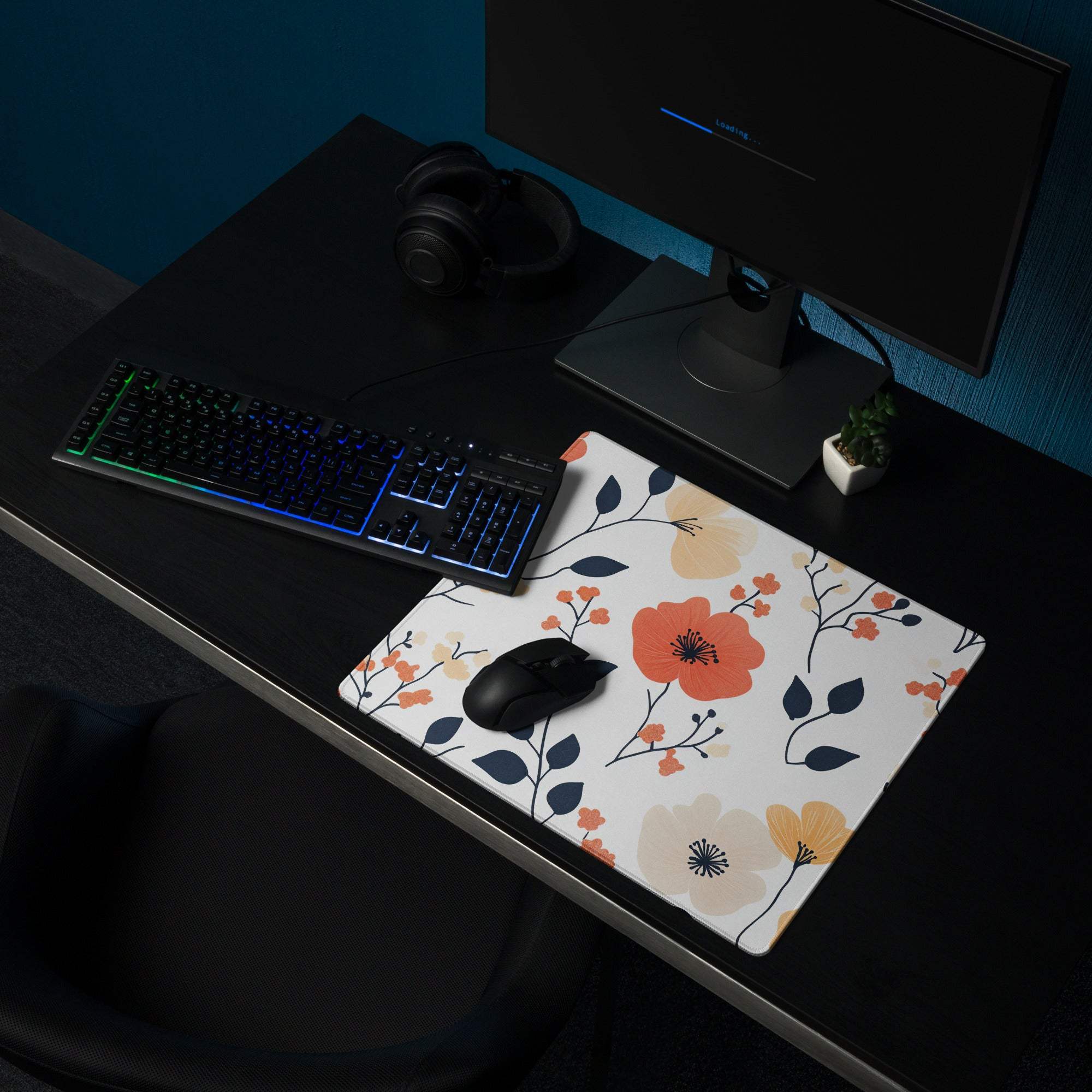 Floral large gaming mouse pad with orange peach navy flowers non-slip base