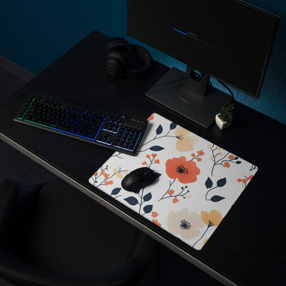 Floral large gaming mouse pad with orange peach navy flowers non-slip base