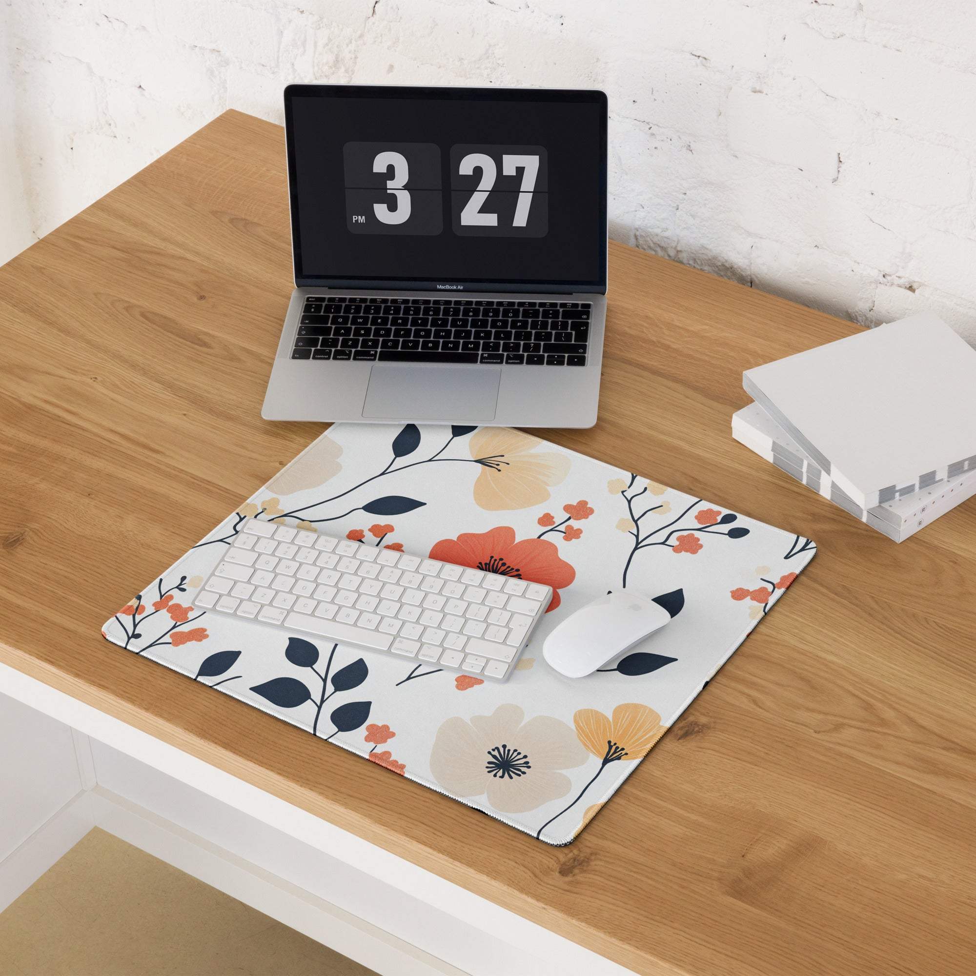 Floral large gaming mouse pad with orange peach navy flowers non-slip base