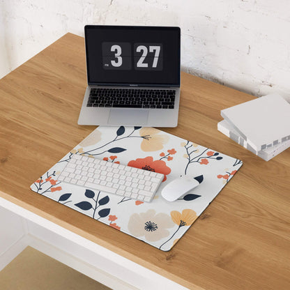 Floral large gaming mouse pad with orange peach navy flowers non-slip base