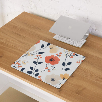 Floral style large gaming mouse pad with orange peach navy floral patterns