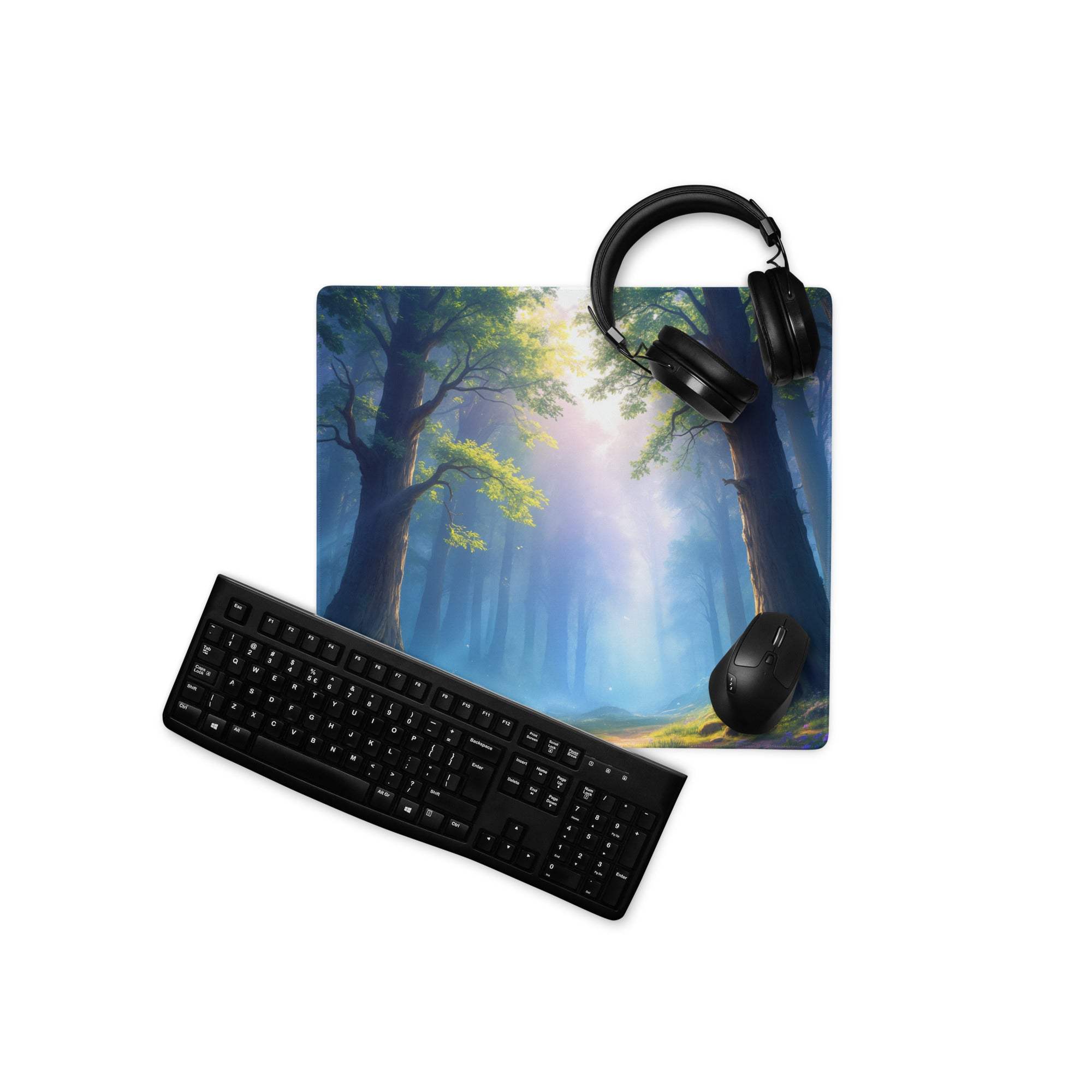 Epic Forest Dawn blue forest mousepad with headphones, keyboard, ultra smooth surface