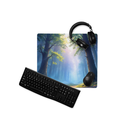 Epic Forest Dawn blue forest mousepad with headphones, keyboard, ultra smooth surface