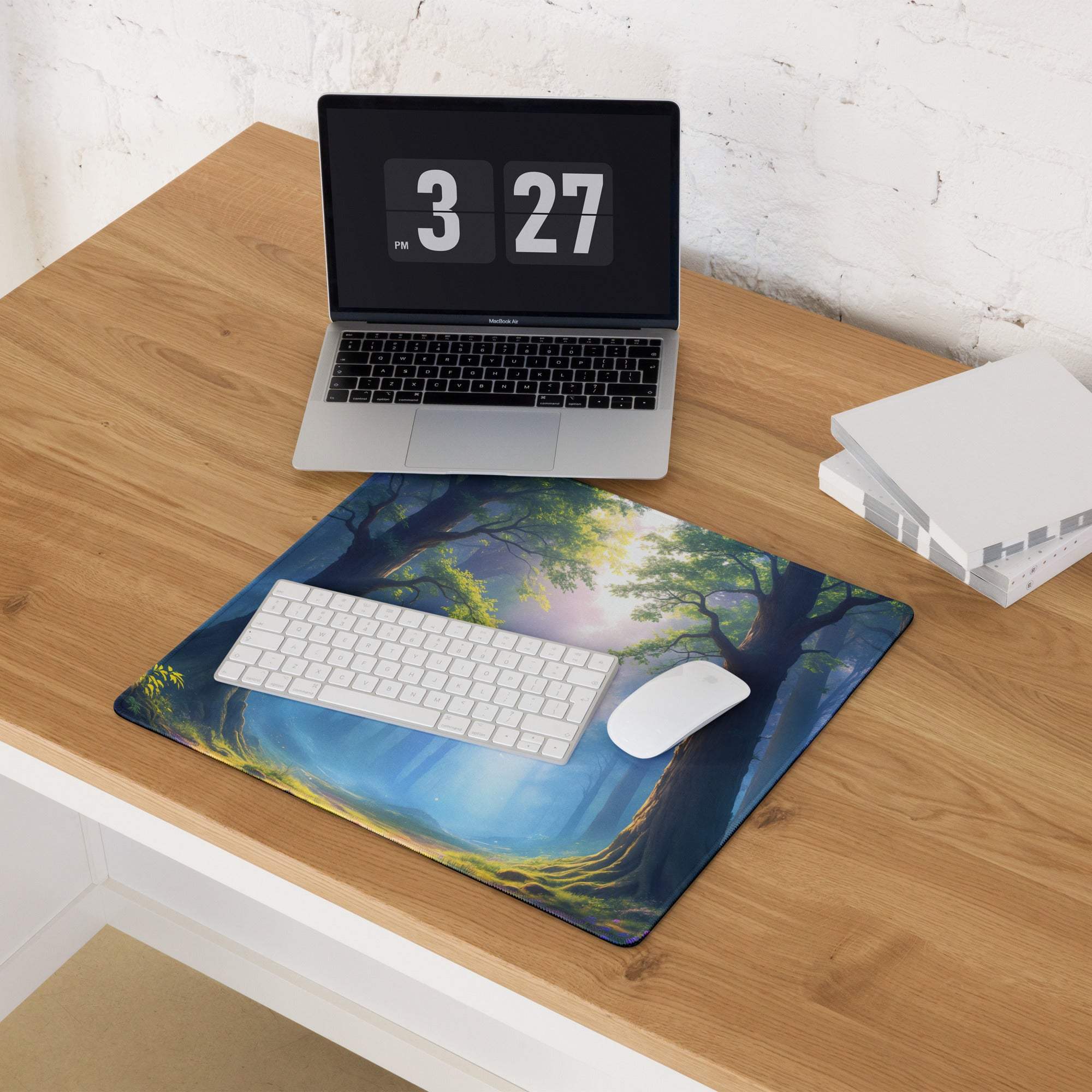 Epic Forest Dawn blue forest mousepad with trees, sunlight, large smooth non-slip surface