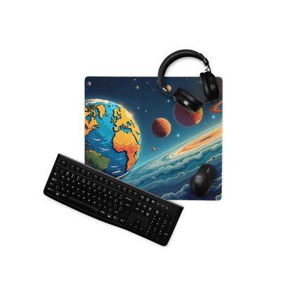 Vibrant cosmic space scene gaming mouse pad with Earth, planets, stars, non-slip base