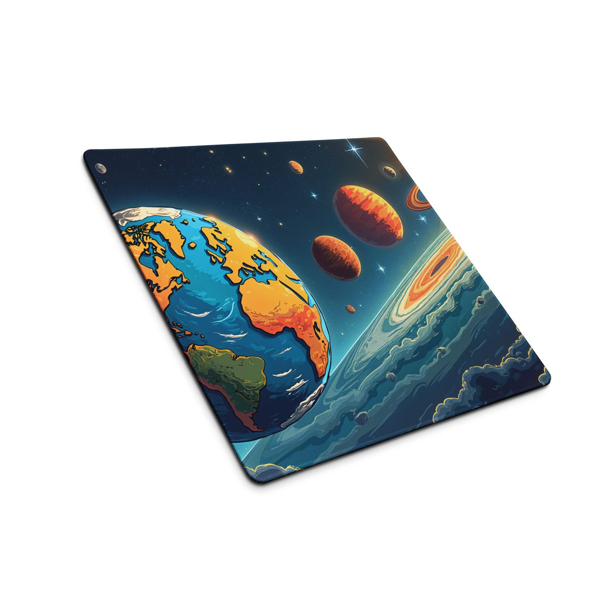 Vibrant cosmic space scene cutting board with Earth, planets, stars on large mouse pad