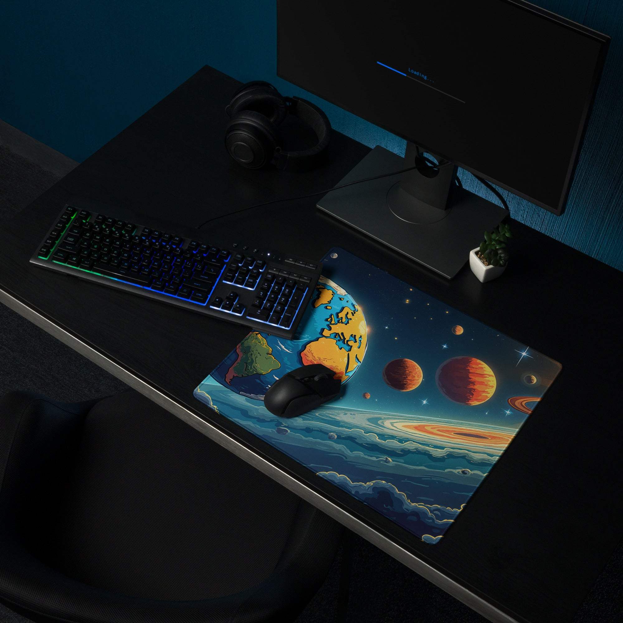 Vibrant cosmic gaming mouse pad with earth planets stars non-slip base stitching