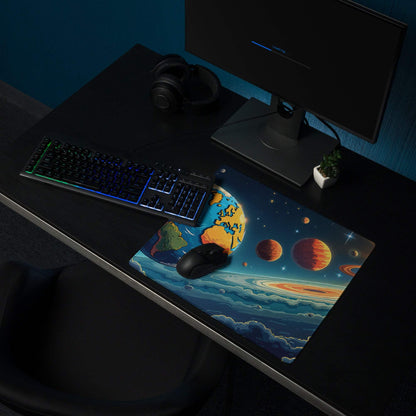 Vibrant cosmic gaming mouse pad with earth planets stars non-slip base stitching