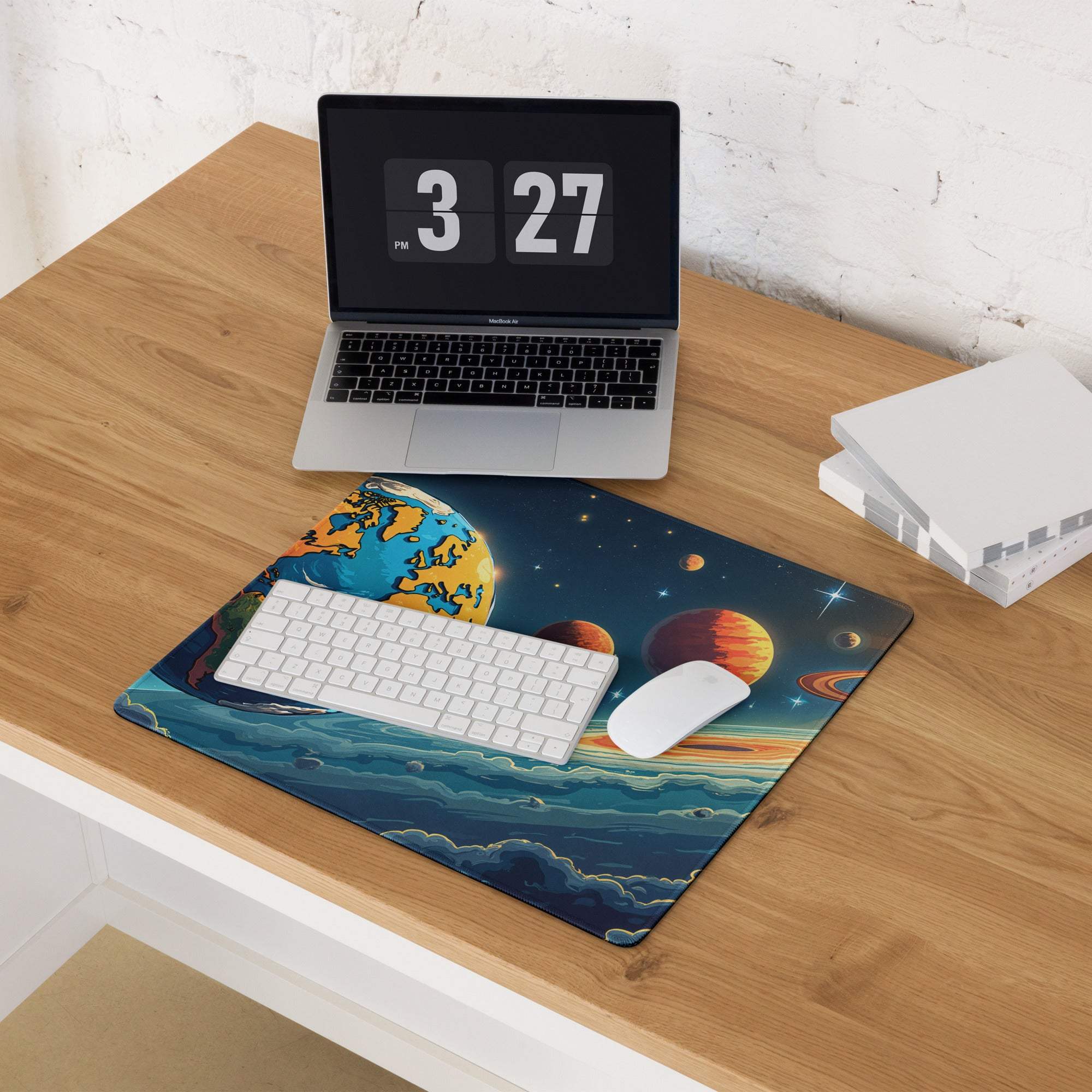 Large cosmic space scene gaming mouse pad with planets, stars, nebulae