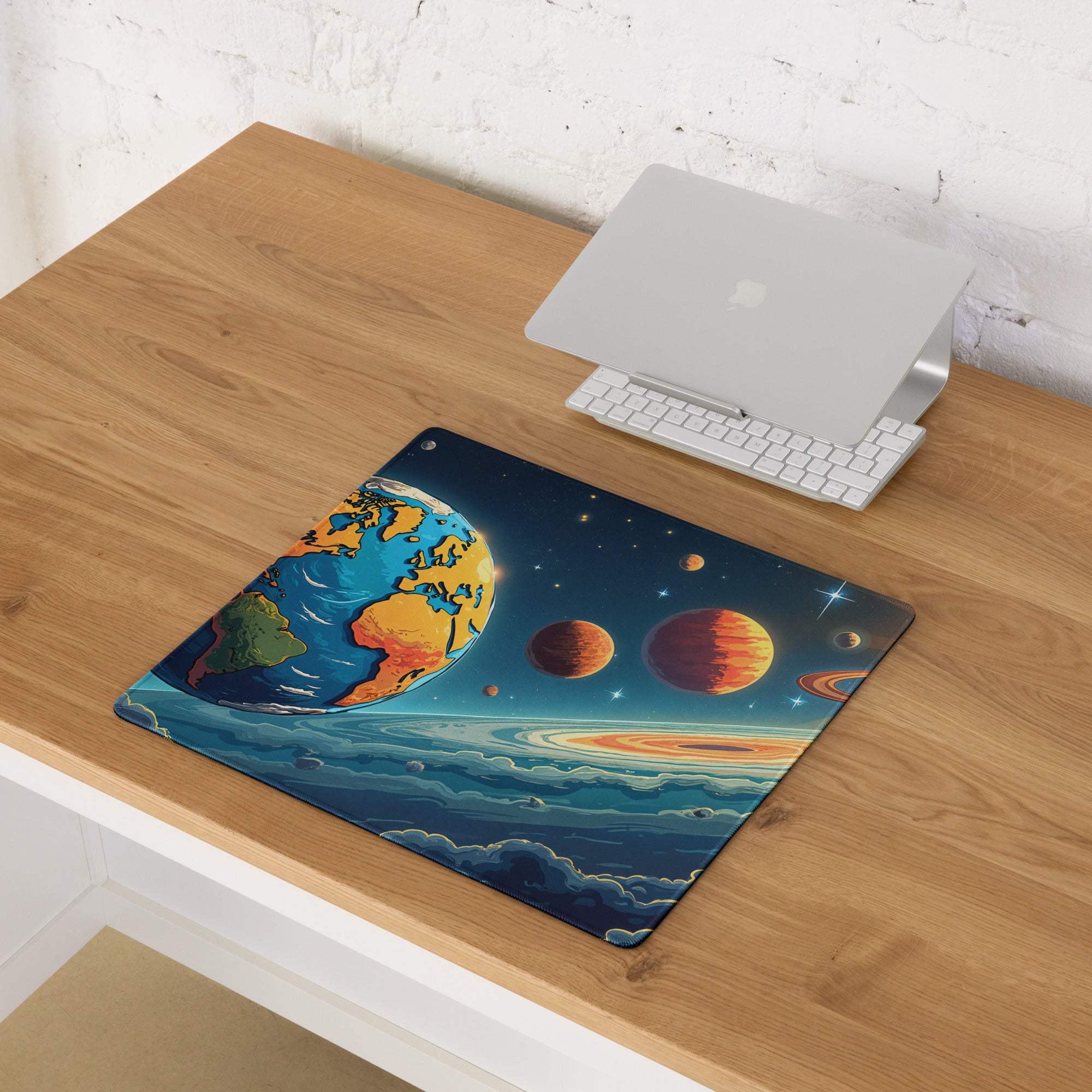 Large cosmic space scene gaming mouse pad with Earth, planets, stars, non-slip base