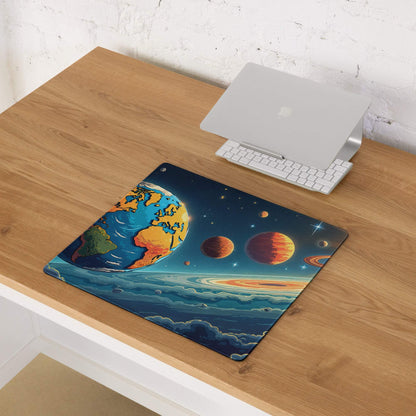 Large cosmic space scene gaming mouse pad with Earth, planets, stars, non-slip base
