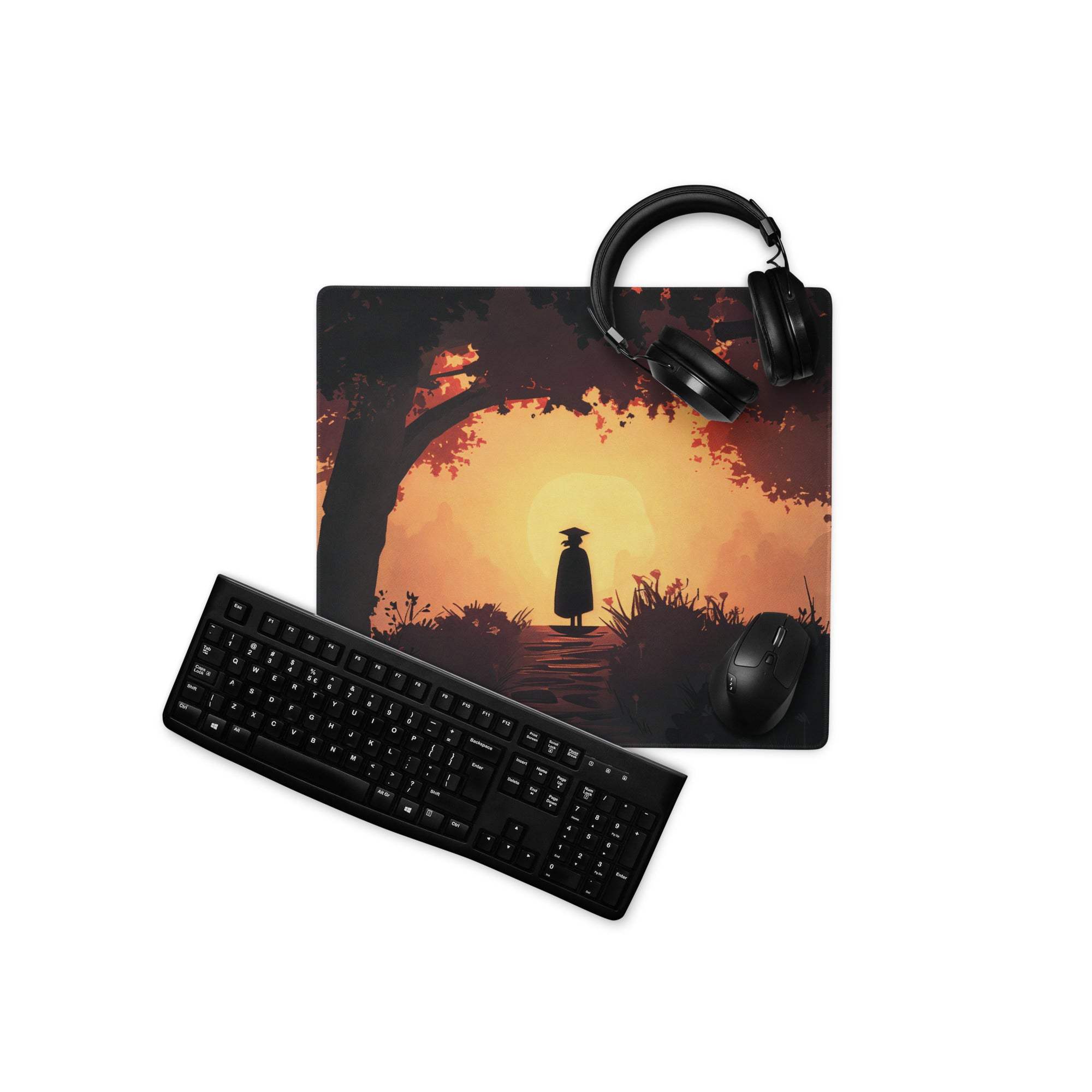 Epic Sunset Forest Silhouette black gaming mousepad in warm orange