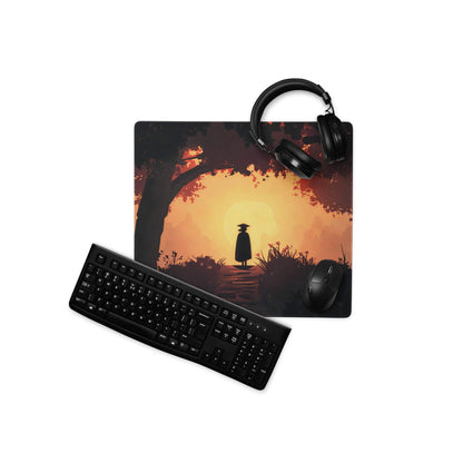 Epic Sunset Forest Silhouette black gaming mousepad in warm orange