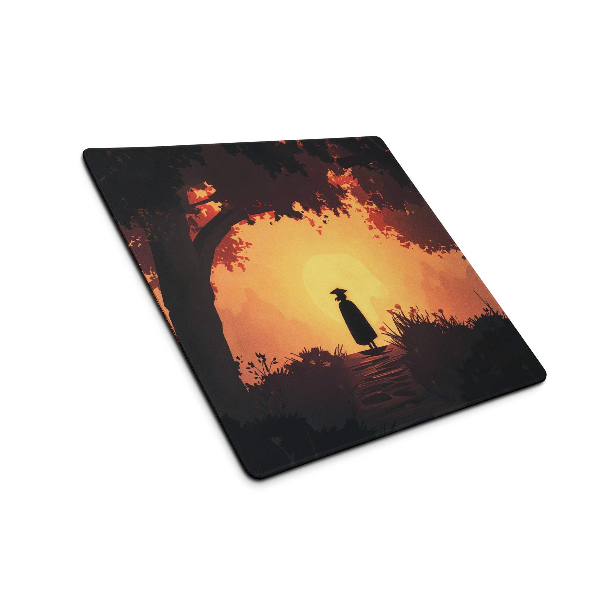 Square Epic Sunset Forest Silhouette gaming mousepad with lone figure under tree