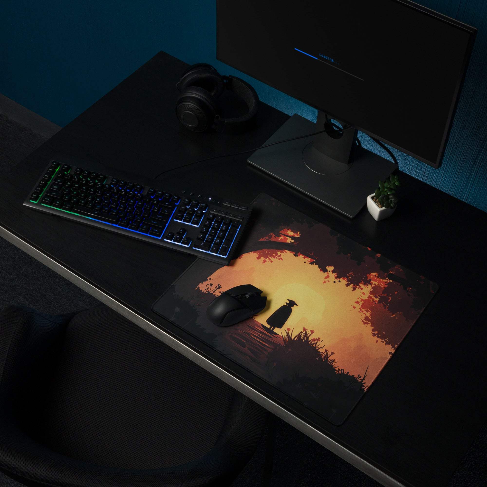 Epic Sunset Forest Silhouette gaming mouse pad in warm orange mood