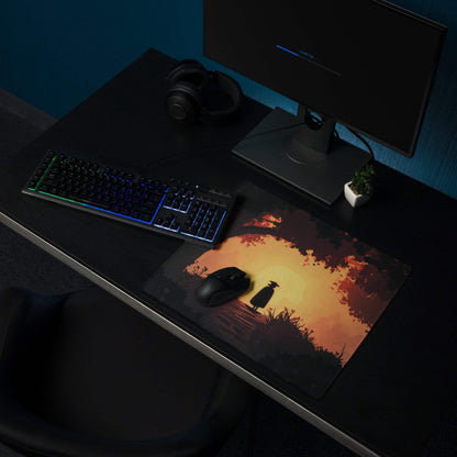 Epic Sunset Forest Silhouette gaming mouse pad in warm orange mood