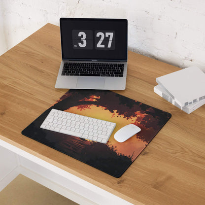 Epic Sunset Forest Silhouette gaming mouse pad in warm orange on wood desk