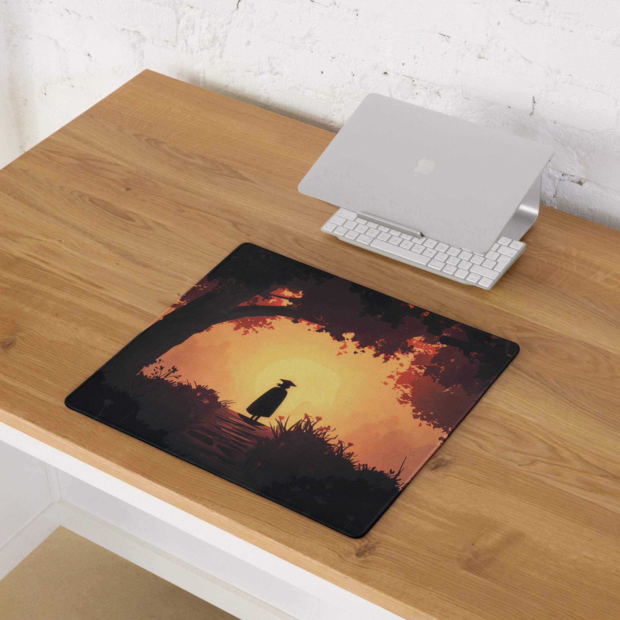 Epic Sunset Forest Silhouette gaming mouse pad in warm orange sunset