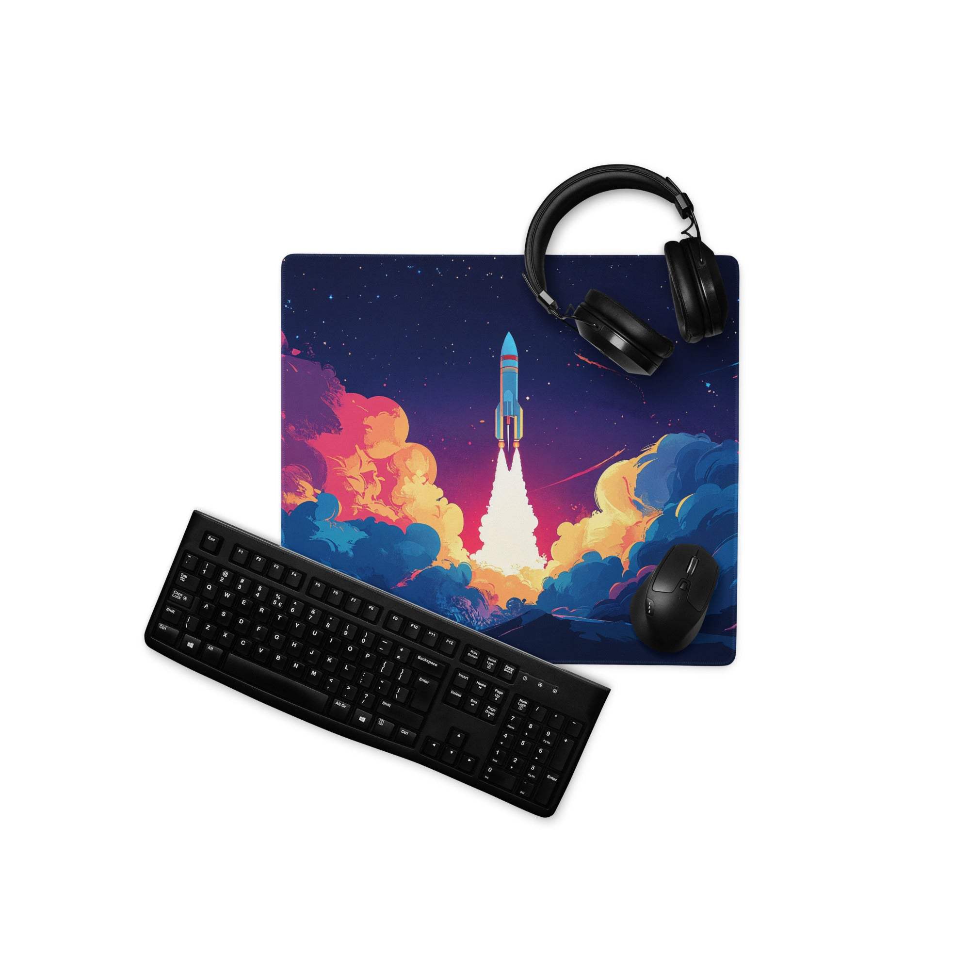 Vibrant rocket launch gaming mouse pad with starry sky and fiery clouds