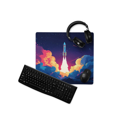 Vibrant rocket launch gaming mouse pad with starry sky and fiery clouds