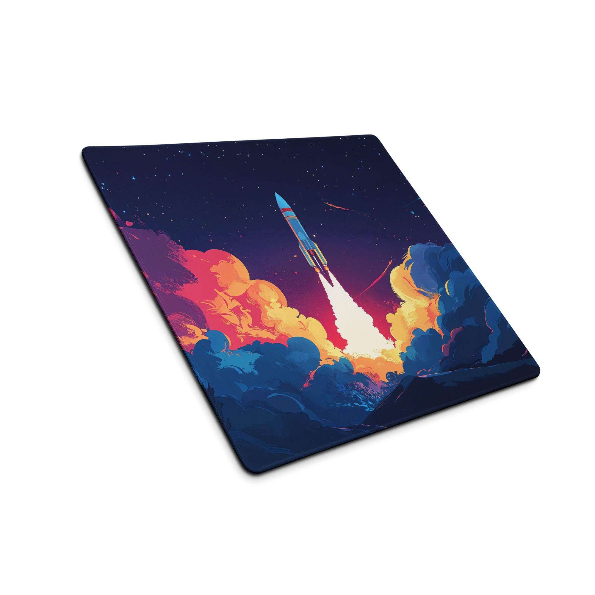 Vibrant night sky rocket launch gaming mouse pad with fiery clouds