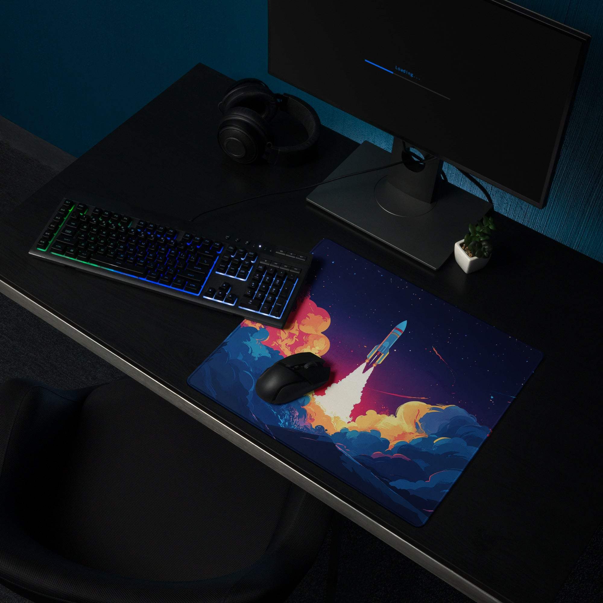 Vibrant Night Sky Rocket Launch large edge-stitched non-slip gaming mouse pad