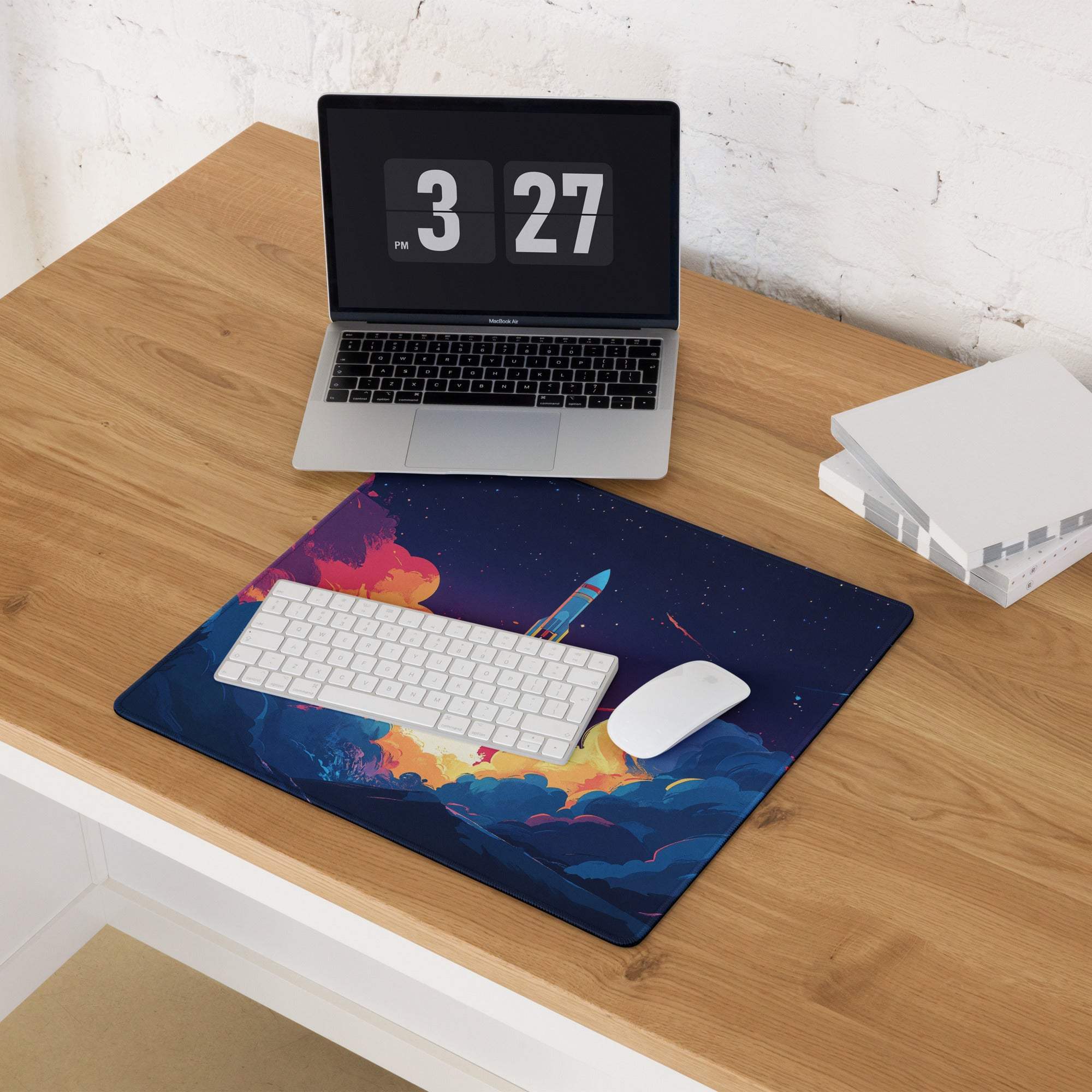 Vibrant rocket launch through nebulae on large edge-stitched gaming mouse pad